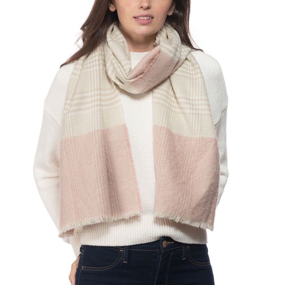 INC International Concepts Blush Pink Beige Plaid Colorblocked Scarf Women's NWT